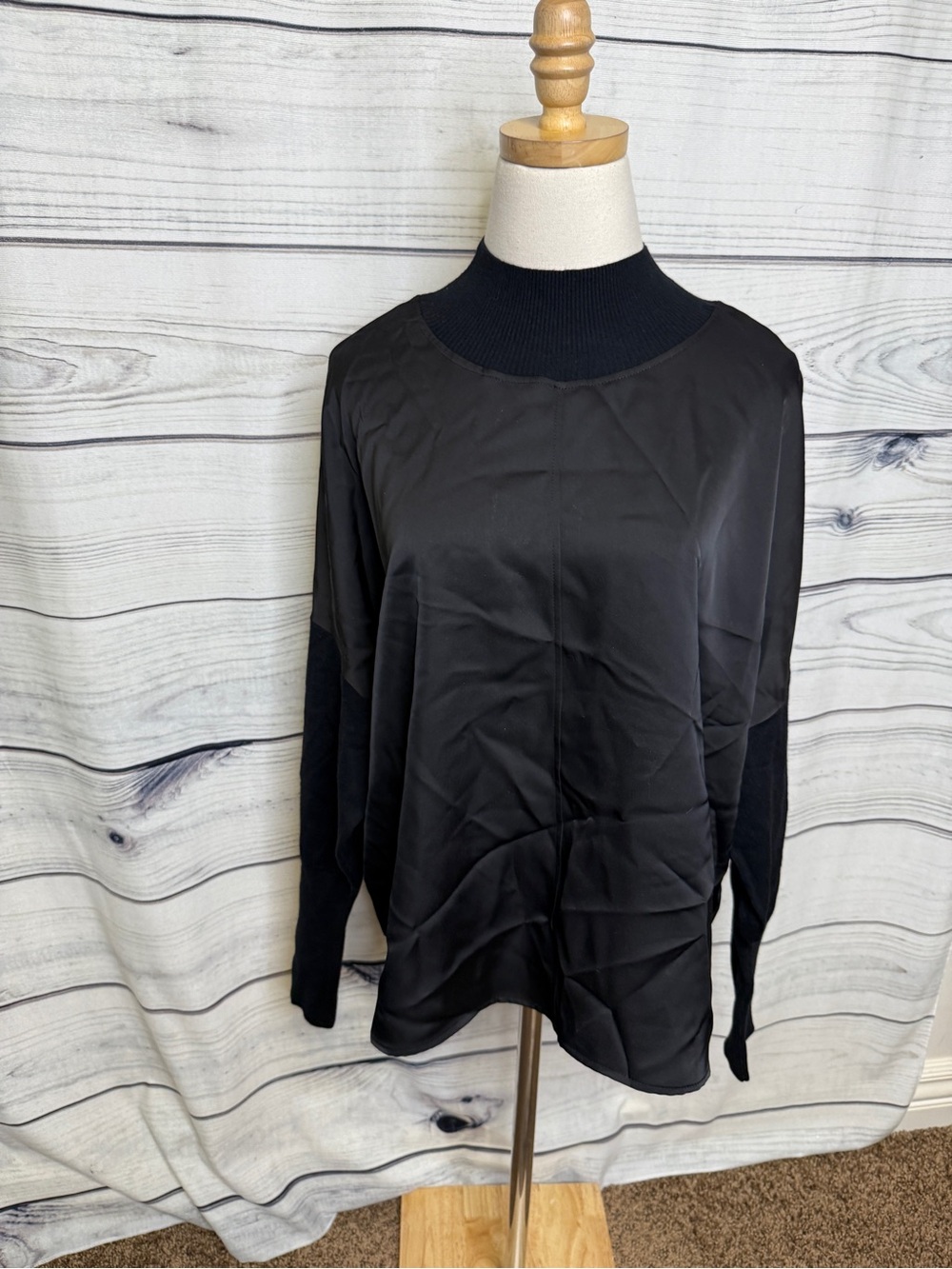 CHARLIE B Black Satin-Front Mock Neck Pullover